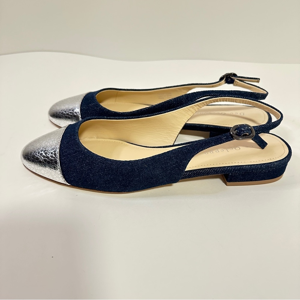NEW Dee Ocleppo Mumbai Ballerina Denim with Silver Leather Cap Slingbacks, Sz 8
